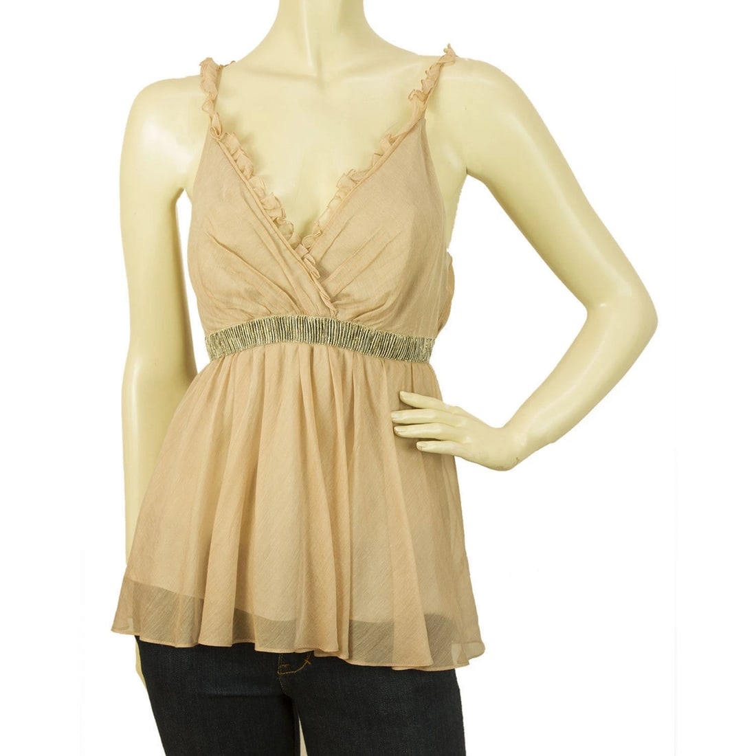 Beige Cotton Silk Beaded tunic top blouse spaghetti straps size XL IT 46, UK 14 (1 of 6)