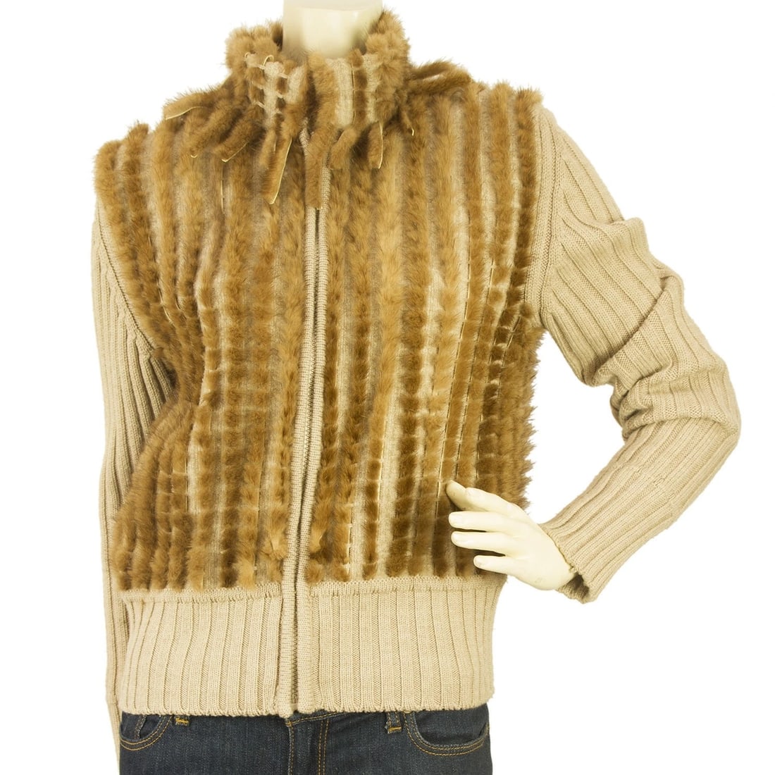 Angelo Marani Beige Wool Vison Fur Long Sleeve Turtle Neck Cardigan (1 of 7)