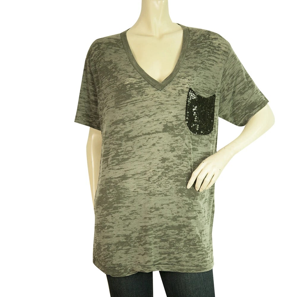 Son of John Short Sleeve Gray Sequined Pocket T- Shirt Top Blouse Sz 1 (1 of 6)