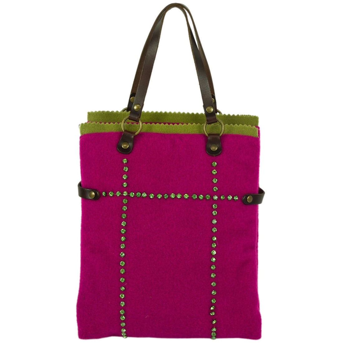 Liana Camba Felt Fabric Fuchsia & Green w. Crystals Brown Hand Bag Handbag (1 of 9)