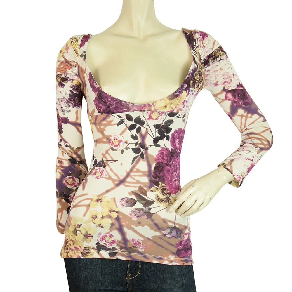 Just Cavalli Floral Long Sleeves Pleated Shoulders Fitted Top Blouse (1 of 6)