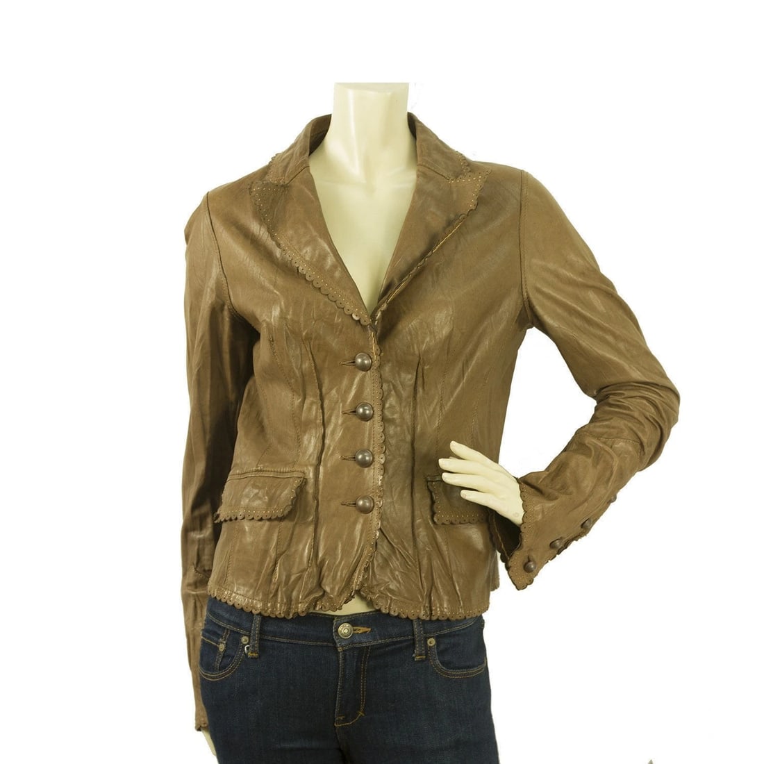 .It Ochre Brown Genuine Real Leather Scalloped Bronze Buttons Jacket Size 44 (1 of 1)