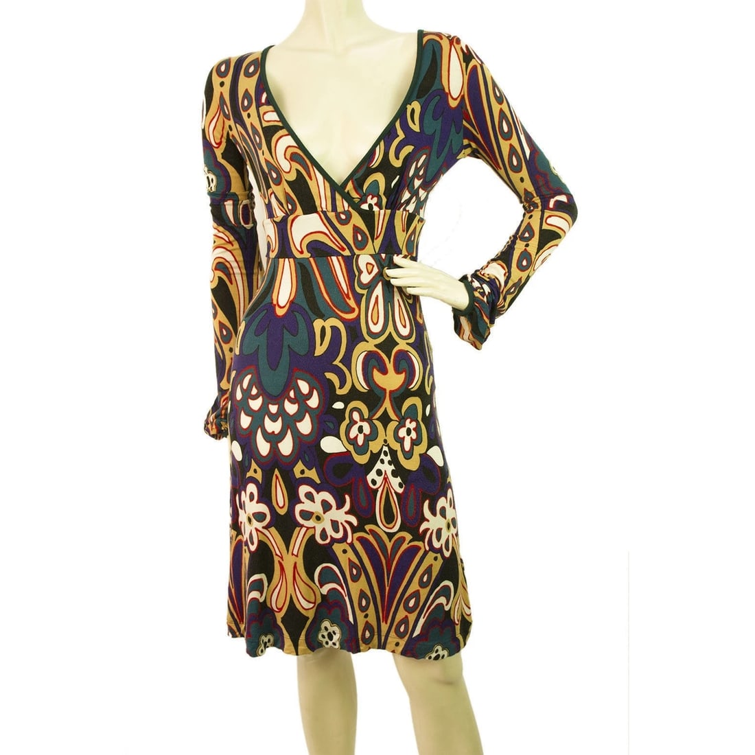 PINKO Caleidoscopic Printed Multicolored Viscose Longsleeve V neck Dress- Sz S (1 of 6)