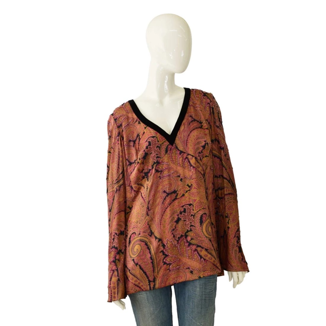 Carmen Marc Valvo Silk Multicolor Beaded Tunic Paisley V- Neckline Top Blouse (1 of 9)