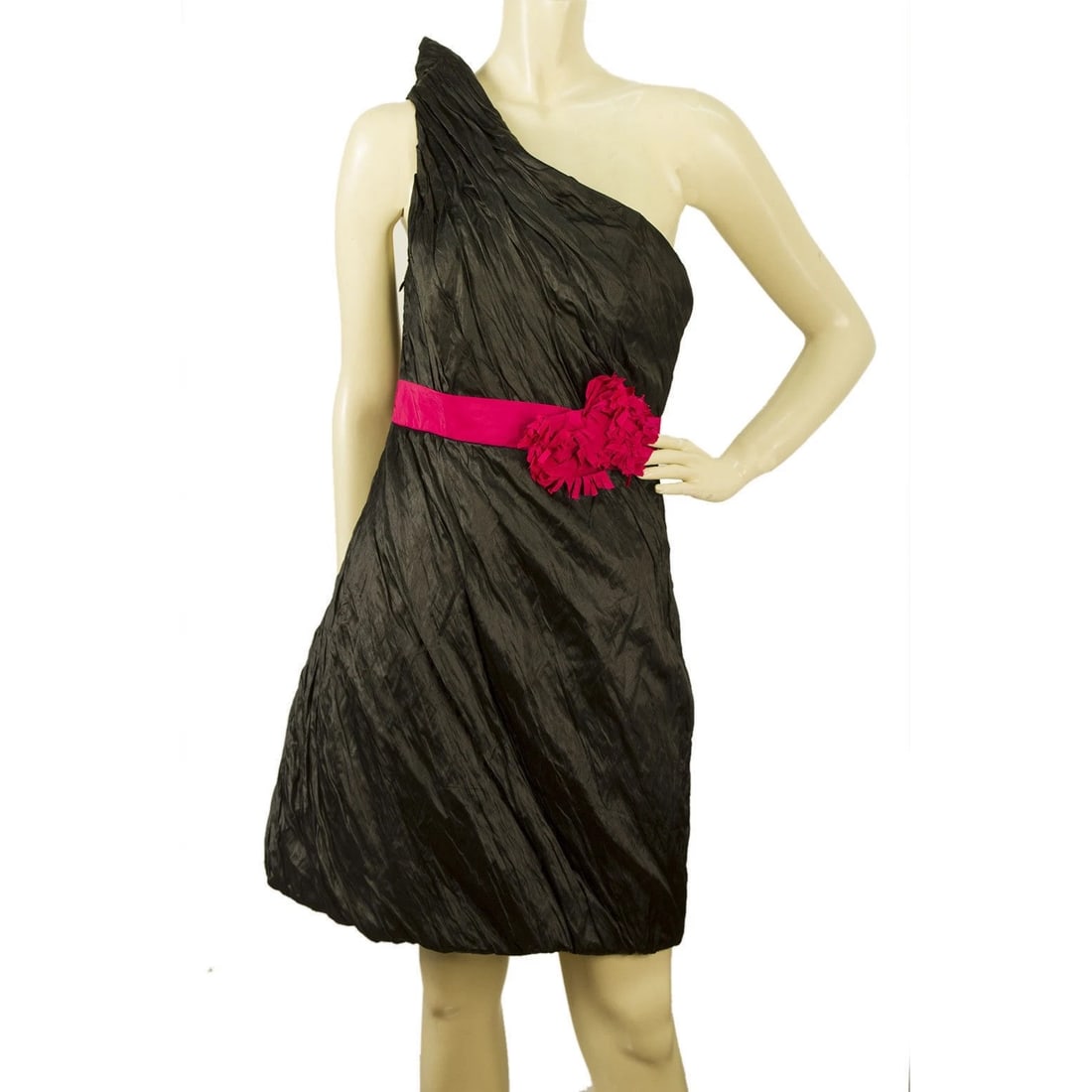 Unique Boutique Black Fuchsia Belt One Shoulder Draped Mini Dress size 2 (1 of 5)