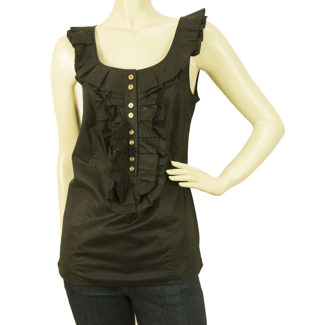 Juicy Couture Black Ruffled Cotton Tank Vest Blouse Top w. Gold Buttons - Size 4 (1 of 6)