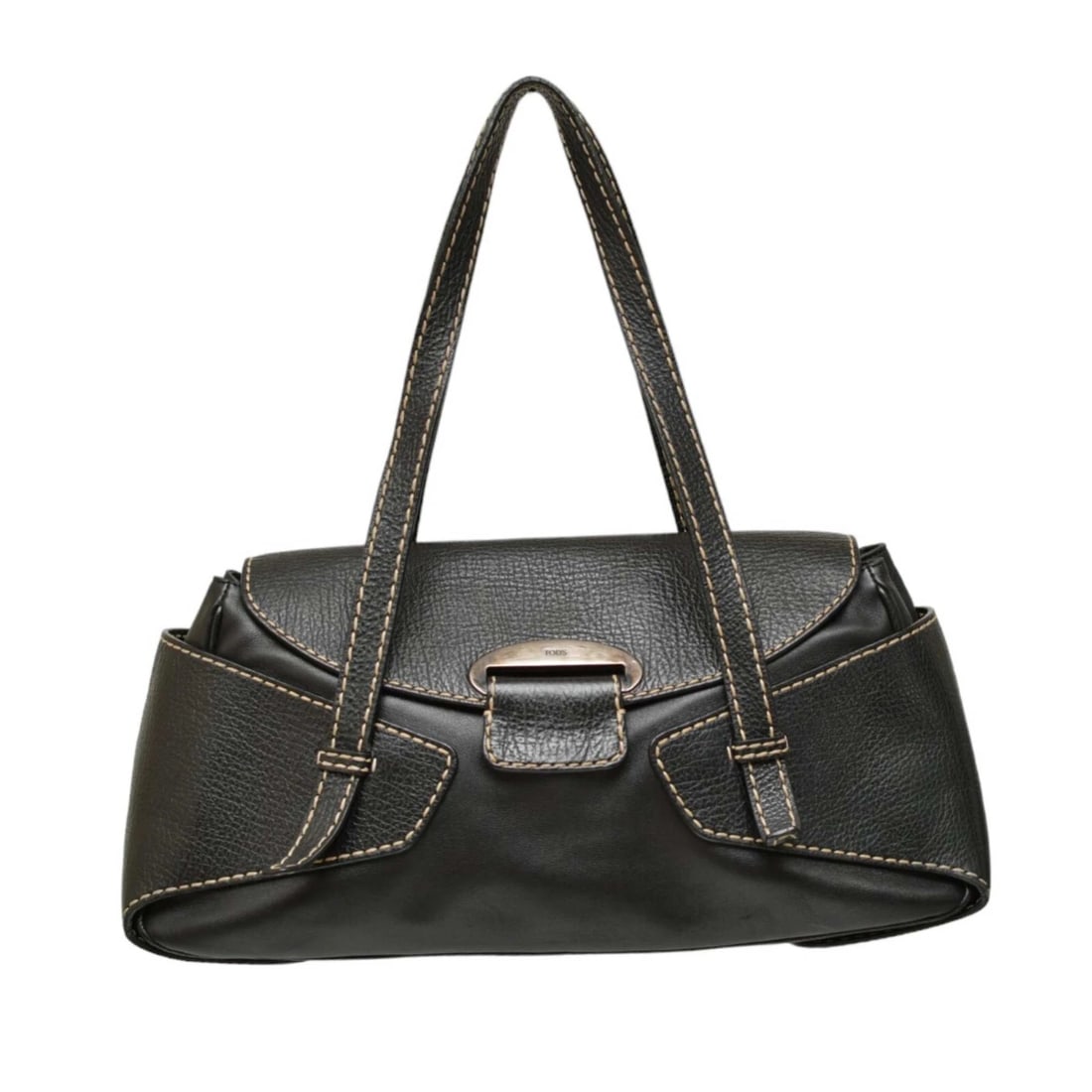 Tod's Black Leather Contrast stitching Flap Top Satchel Shoulder bag Handbag (1 of 9)