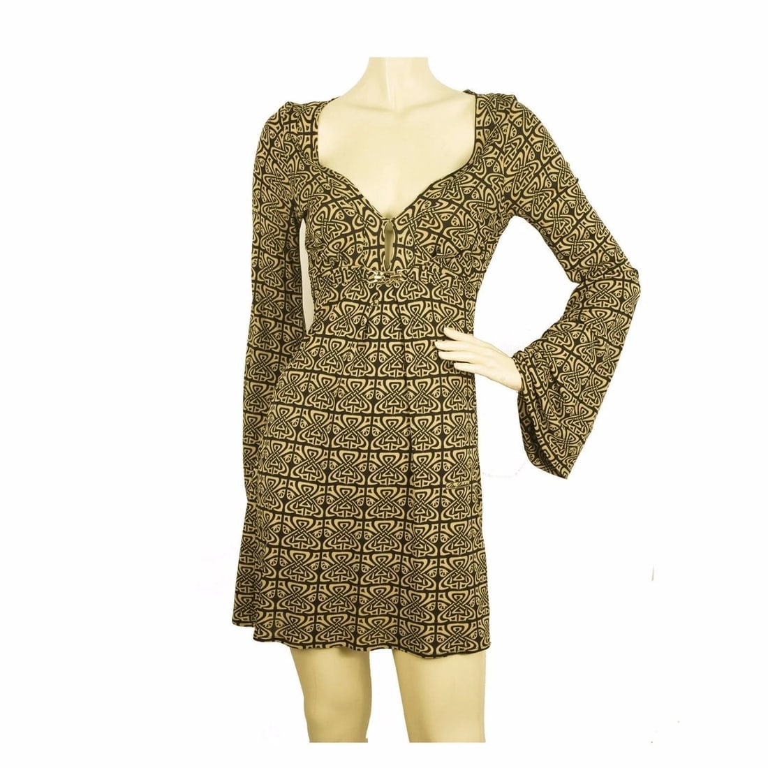 Atos Lombardini beige & black above knee deep V mini length viscose dress Sz 40 (1 of 5)
