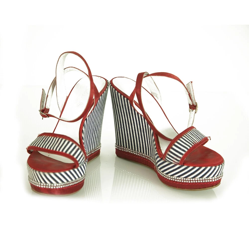 Solo Per Te Blue White Stripes Red Crystals Wedge Platform Sandals shoes ( 39 ?) (1 of 8)