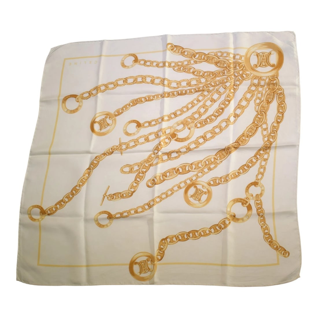 CELINE Paris Silk Square Scarf - Vintage Gold Chain & Triomphe Logo Print Ivory: Title:CELINE Paris Silk Square Scarf - Vintage Gold Chain & Triomphe Logo Print Ivory Description:CELINE Paris Silk Square Scarf - Vintage Gold Chain & Triomphe Logo Print - Ivory Exude effortless Par