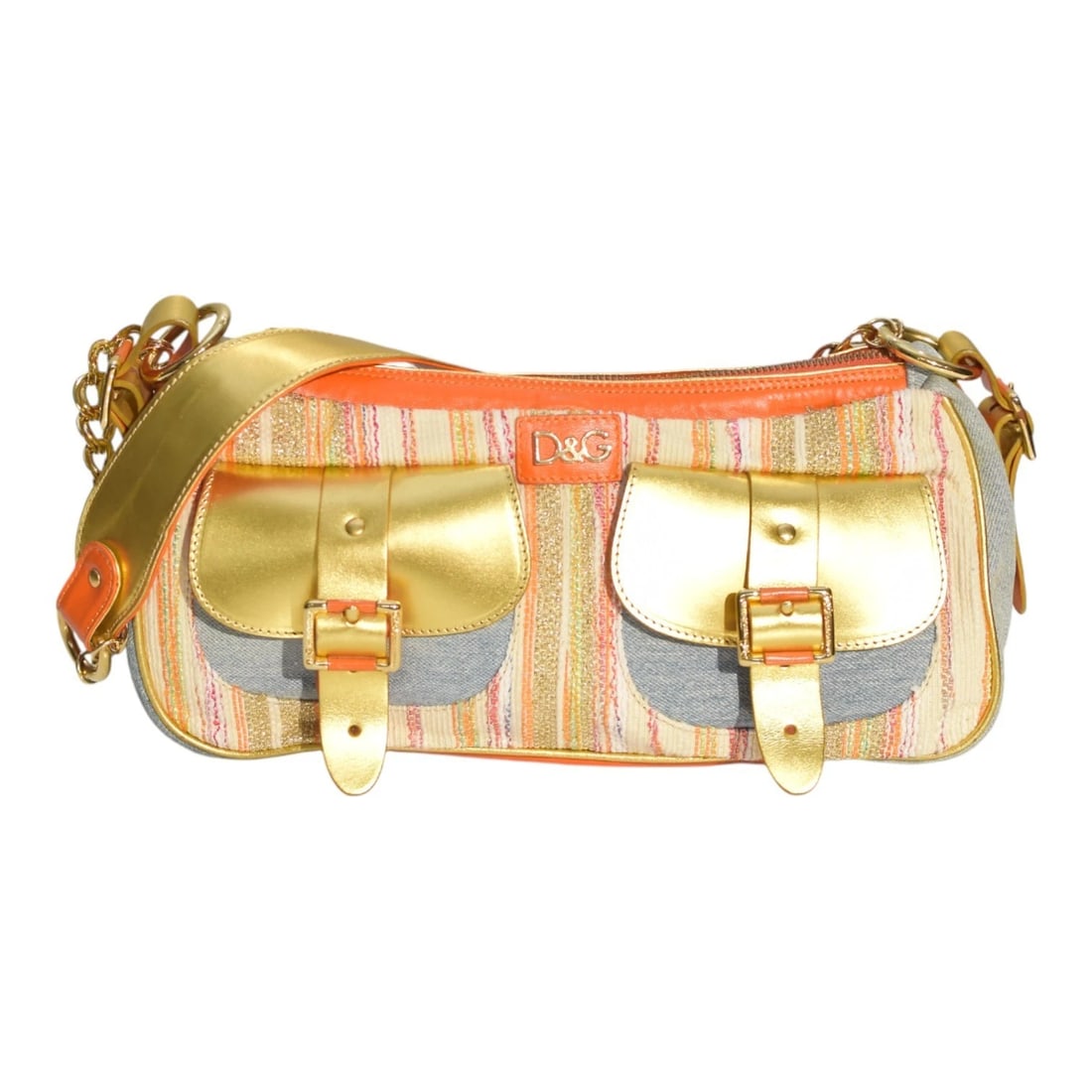 Dolce & Gabbana Y2K Multicolor Striped Shoulder Bag Gold Leather & Chain Strap: Title:Dolce & Gabbana Y2K Multicolor Striped Shoulder Bag Gold Leather & Chain Strap Description:Christian Dior dark brown calfskin street chic columbus ave handbag shoulder bag Dolce & Gabbana Y2K Mu