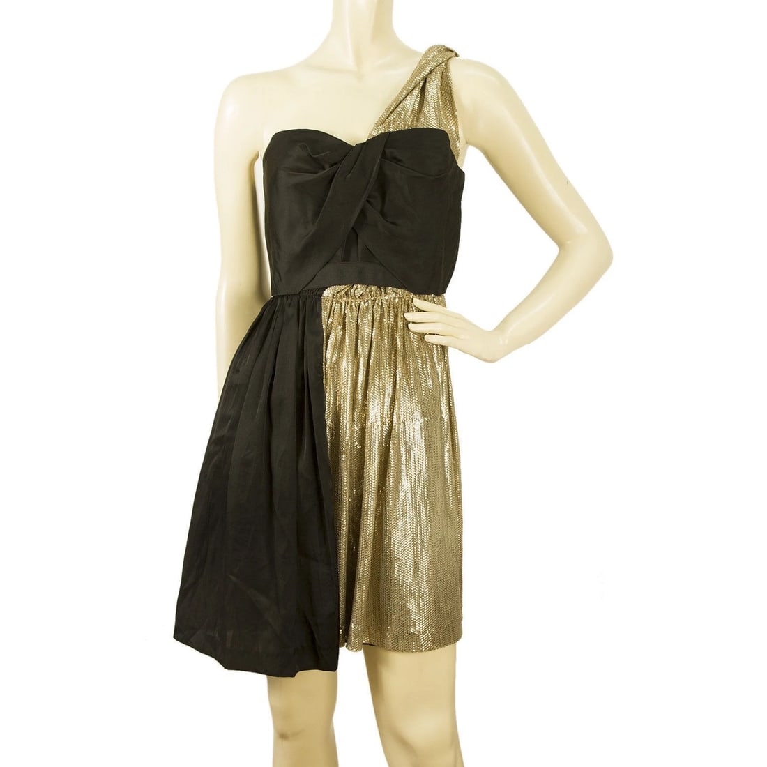 Whistles Black Gold Paneled One Shoulder Draped Mini Dress size UK 10 Eu 38 (1 of 1)