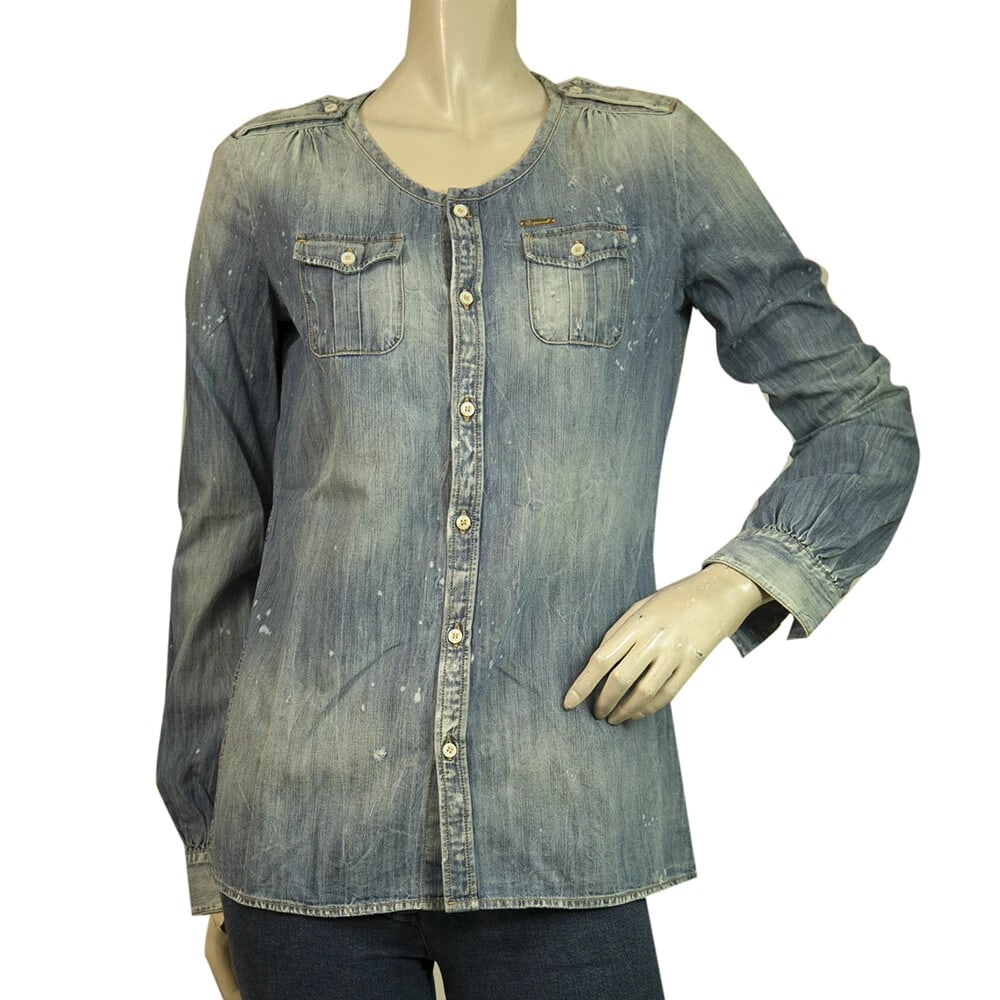 DSquared Blue Denim Woman's Collarless Button Down Distressed Look Shirt - SZ 40: Title:DSquared Blue Denim Woman's Collarless Button Down Distressed Look Shirt - SZ 40 Description:DSquared Blue Denim Woman's Collarless Button Down Distressed Look Shirt - SZ 40 For every day