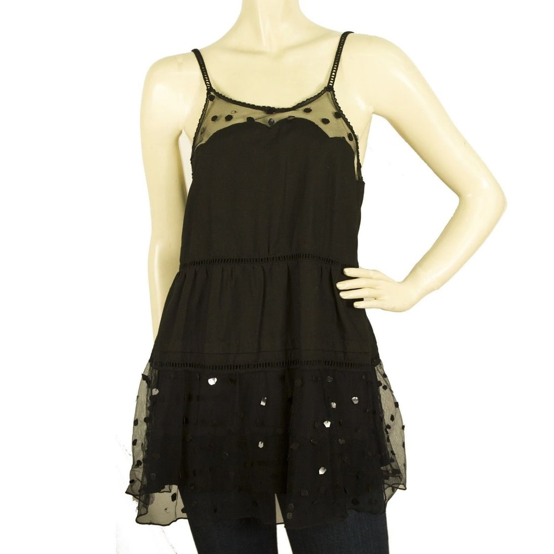 See by Chloe Black Long Cami Top Blouse with Tulle Spghetti Straps size 44 (1 of 6)