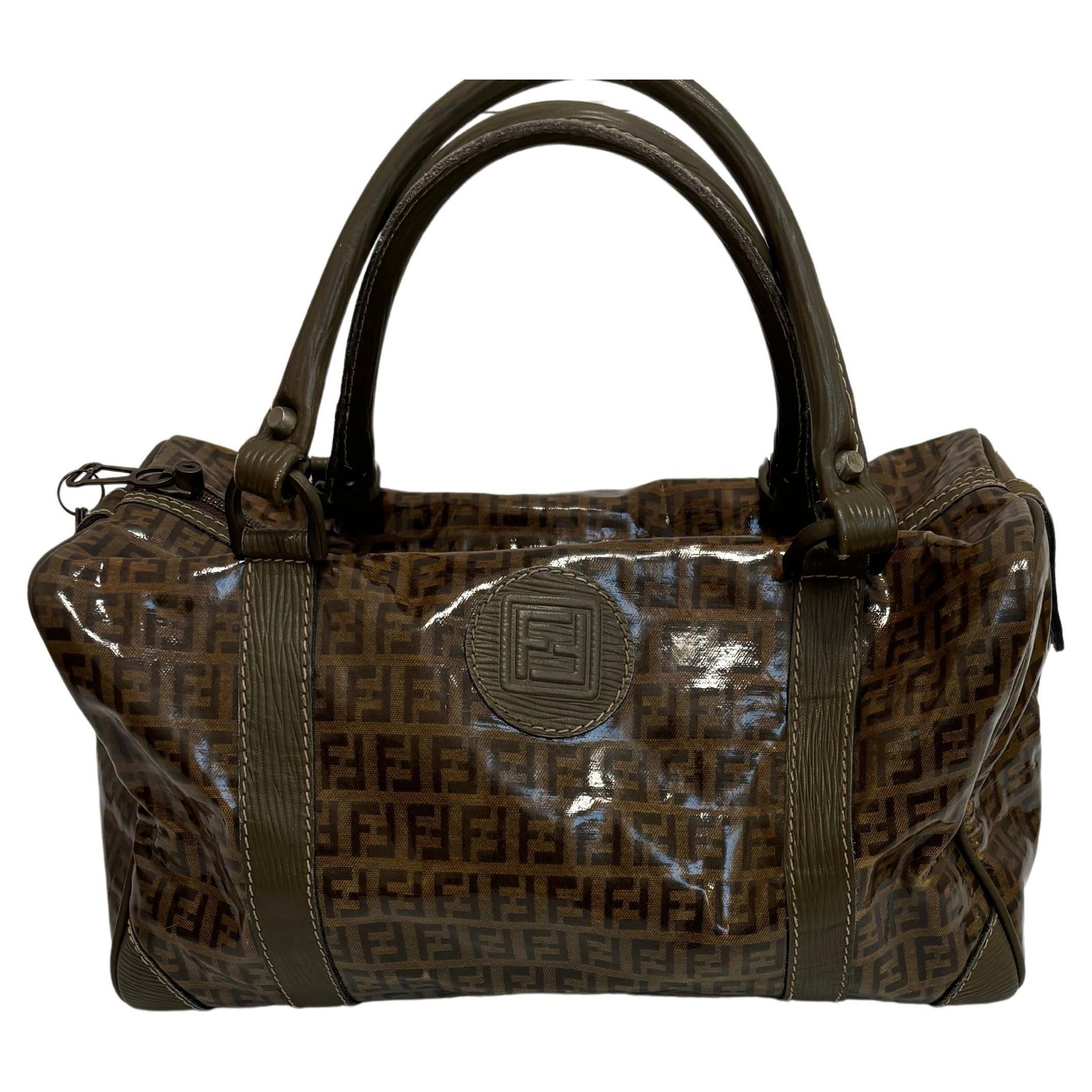 Vintage Fendi Zucca Boston Bag Coated Canvas Leather Trim Italy: Title:Vintage Fendi Zucca Boston Bag Coated Canvas Leather Trim Italy Description:This Fendi Zucca Boston bag is roomy and made of coated canvas with leather trim. The bag has a top zip closure for ea