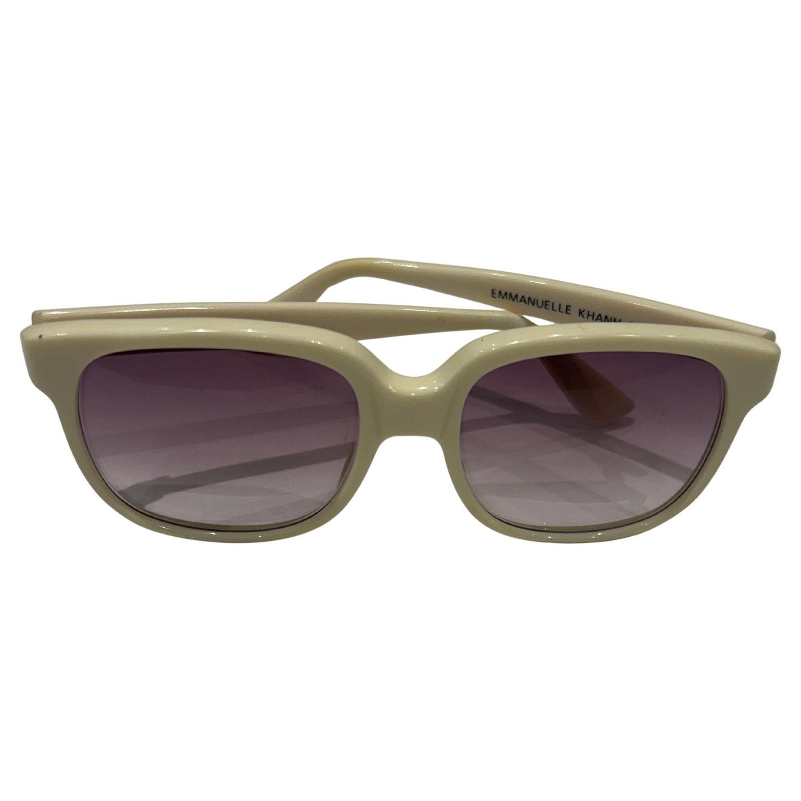 1980s Emmanuelle Khanh Paris Beige Colored w/Iconic EK Sunglasses: Title:1980s Emmanuelle Khanh Paris Beige Colored w/Iconic EK Sunglasses Description:Emmanuelle Khanh was a French fashion designer, stylist and model (for Balenciaga and Givenchy) was a bit of a rebel