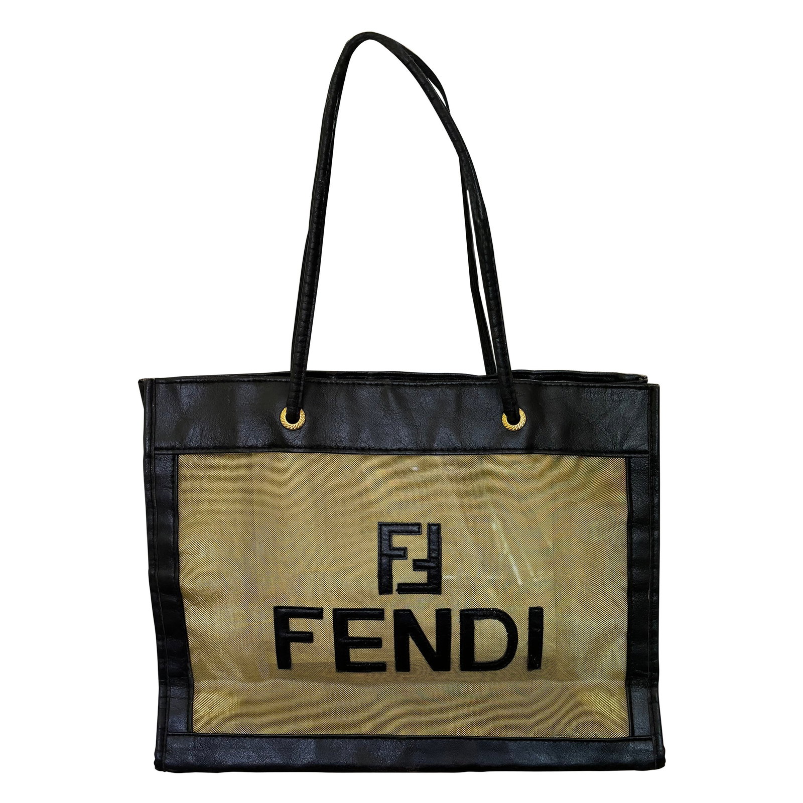 Fendi FF Gold See Through Mesh and Leather Tote/Shopper: Title:Fendi FF Gold See Through Mesh and Leather Tote/Shopper Description:This unusual Fendi tote/shopper is made gold-tone woven mesh with leather trim all around including the front applique Fendi l