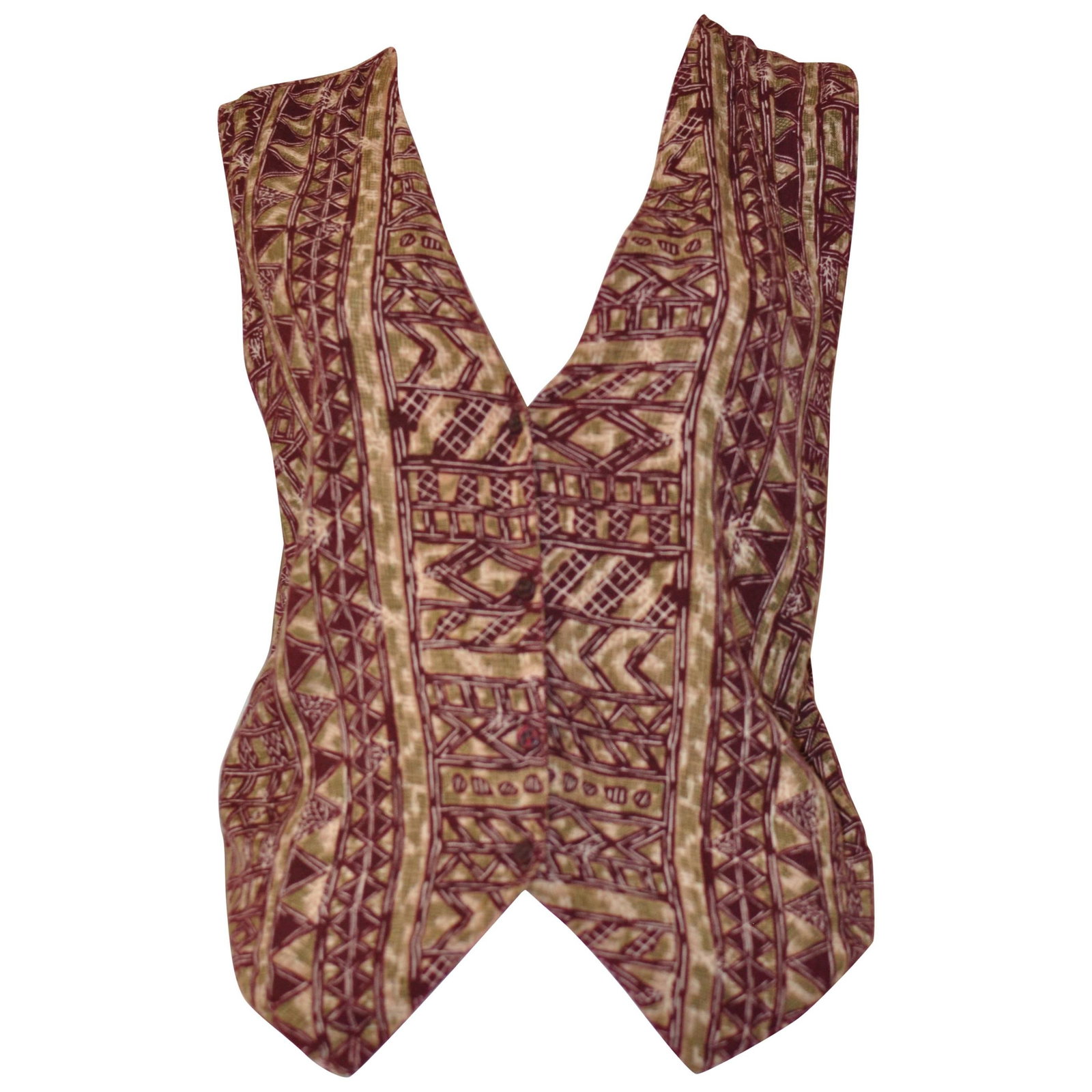 Rare Vintage Collezioni Gianni Versace Men's Ikat Print Waistcoat: Title:Rare Vintage Collezioni Gianni Versace Men's Ikat Print Waistcoat Description:Very nice cotton v-necked vest with a burgundy, green, beige and white ikat print. There are front handkerchief hems