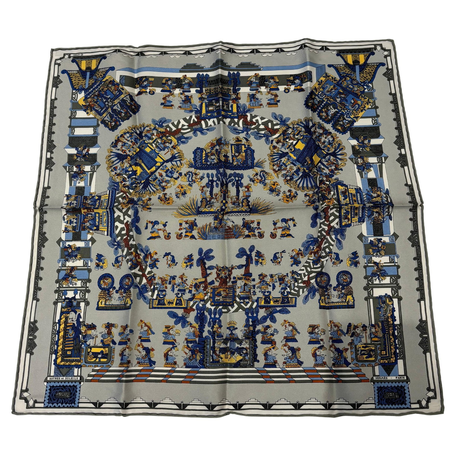 Hermes 1994 "Astres et Soleil" Rare Silk 16.5"x16.5" Scarf by A. Faivre: Title:Hermes 1994 "Astres et Soleil" Rare Silk 16.5"x16.5" Scarf by A. Faivre Description:Designed by Evelyne Bertrand in 1978, at the time head of the Hermes riding department, it was initially creat