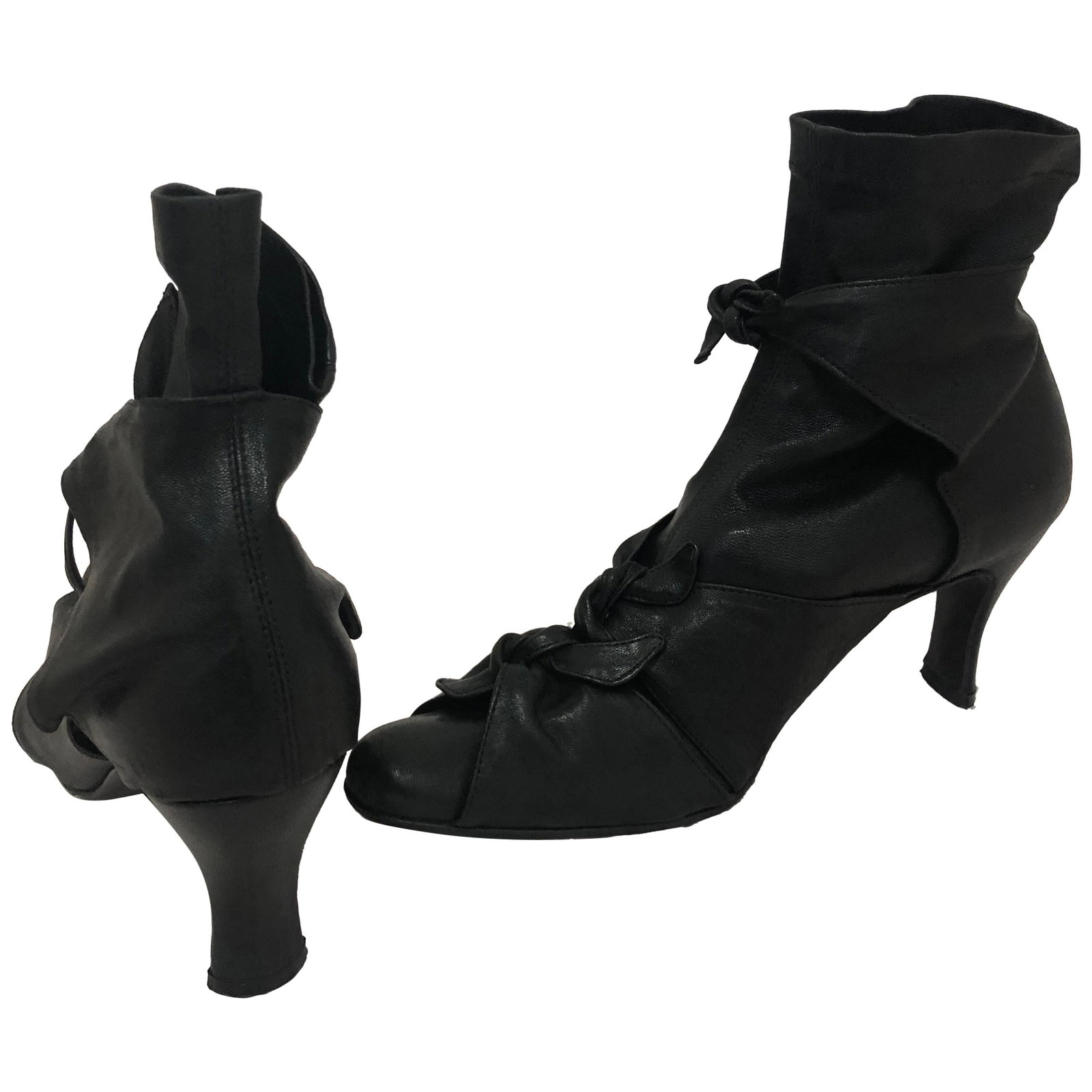 Romeo Gigli Black Leather Booties with Bow Wraps, Size 36.5 (1 of 6)