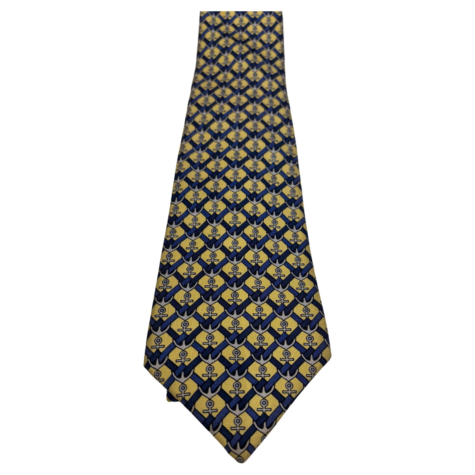 Hermès Men's 21st Century Nautical Silk Tie in Gold Blue Silver Grey: Title:Hermès Men's 21st Century Nautical Silk Tie in Gold Blue Silver Grey Description:This Hermes "Brides de Gala" headband is not only hard to find, but designed by Hugo Grygkar and one of the 