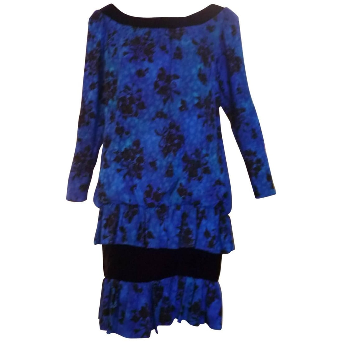Yves Saint Laurent 1980s Silk Dress with Blue Floral Velvet Trim (1 of 19)