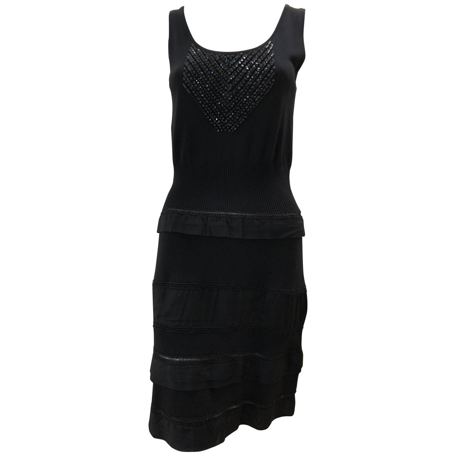 Philosophy Di Alberta Ferretti Cotton / Silk Black Embellished Dress: Title:Philosophy Di Alberta Ferretti Cotton / Silk Black Embellished Dress Description:The sleeveless dress has an arrow pattern of black beads on the chest a ribbed expandable waist; three strips of 