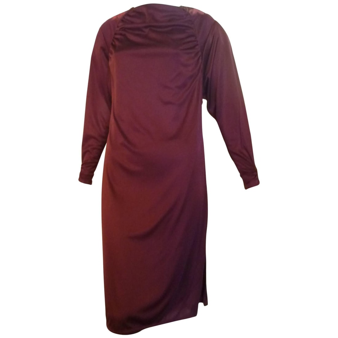 70s Louis Carling Dress with Embroidered Epaulettes 12UK: Title:70s Louis Carling Dress with Embroidered Epaulettes 12UK Description:Boat neck; discreet ruching from the neckline to the armpits (as well as the sleeve bottoms), and side slits. The material
