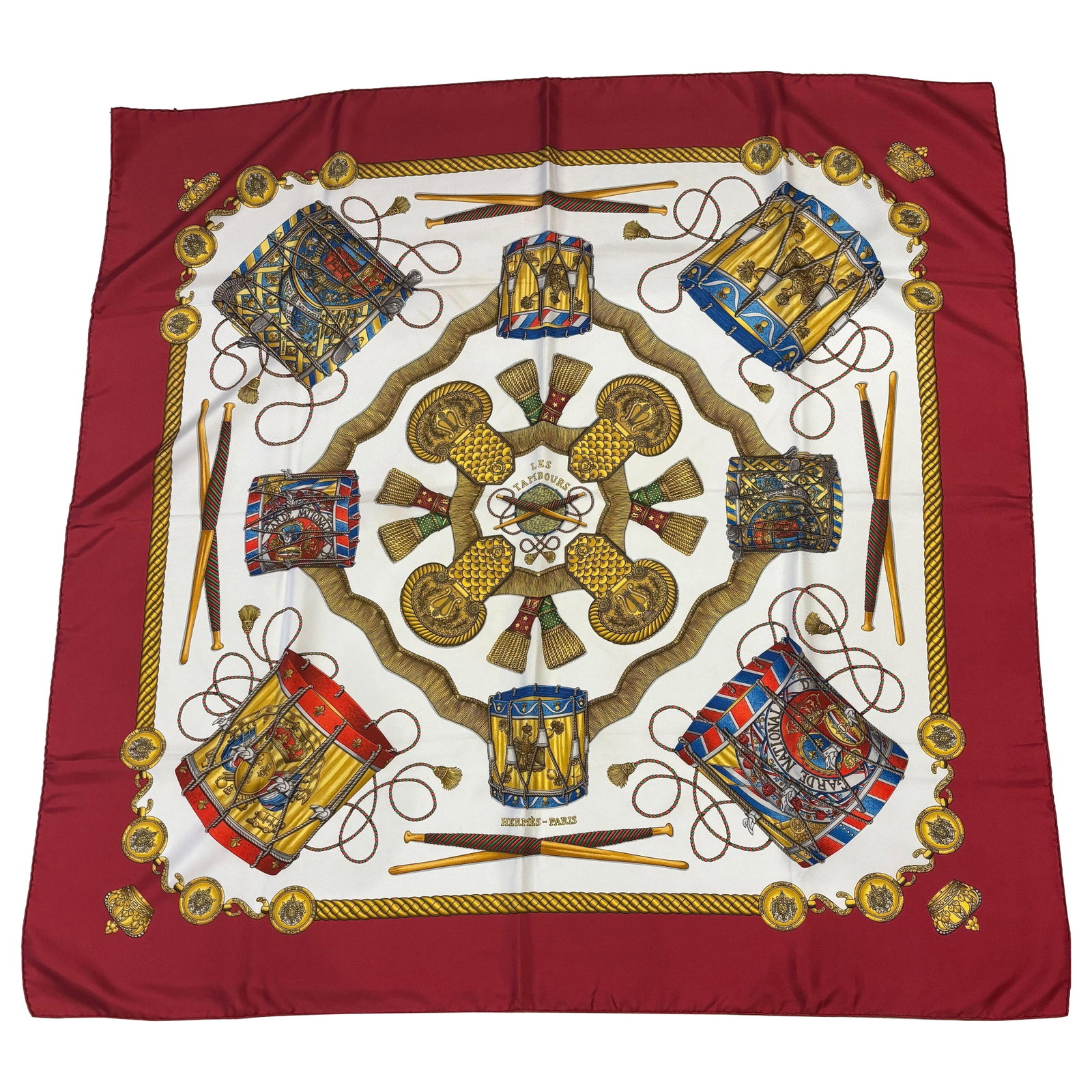 1989 Hermes "Les Tambours" Silk Scarf Designed by Joachim Metz w/Box and Store C: Title:1989 Hermes "Les Tambours" Silk Scarf Designed by Joachim Metz w/Box and Store C Description:This striking colorful silk scarf is in excellent condition, and was designed by Joachim Metz in 1989