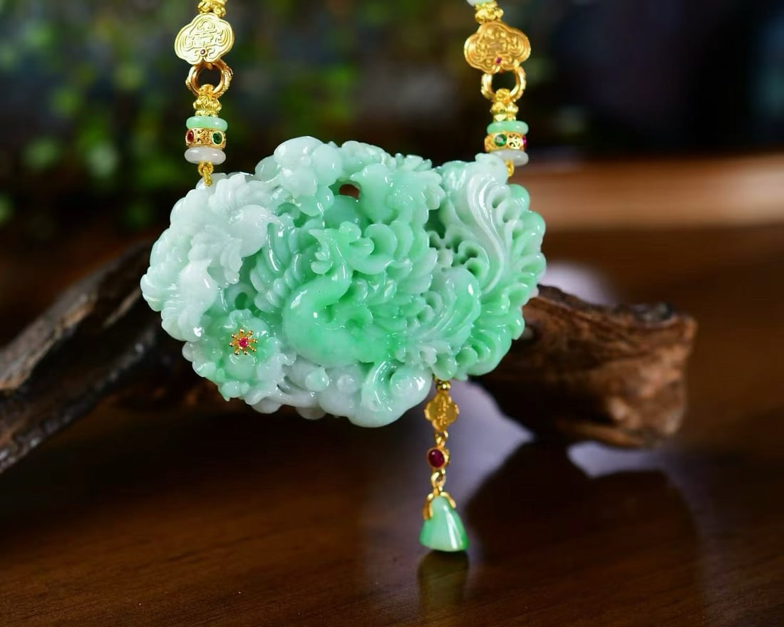 Natural Green Jadeite Carved Phoenix Flower Bird Pendant with Certificate (1 of 6)