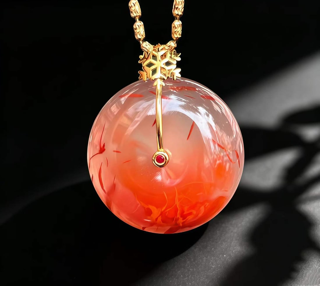 18K Gold Inlay Nanhong Agate Pendant with Certificate: Title: 18K Gold Inlay Nanhong Agate Pendant with Certificate Origin: Chinese Date/Period: After2026 Materials: 18K Gold,Nanhong Agate Dimensions: 29.4x24.6x13.3(mm) 1.16x0.97x0.52(inches) Weight 0.03 