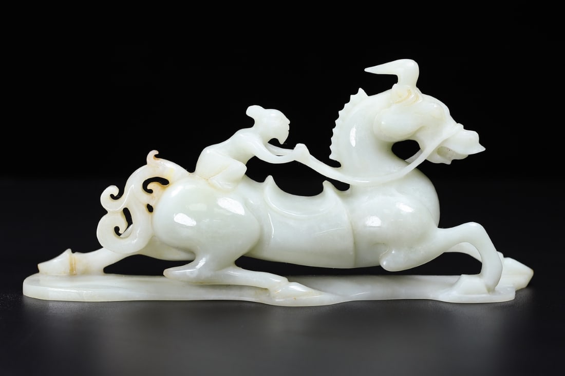 Superb White Hetian Jade Horse & Figure Statue: Title: Superb White Hetian Jade Horse & Figure Statue Origin: Chinese Date/Period: After1850 Materials: Hetian Jade Dimensions: 207x99x46(mm) 8.15x3.90x1.81(inches) Weight 1.17 lbs/529g Reserve: $1,99