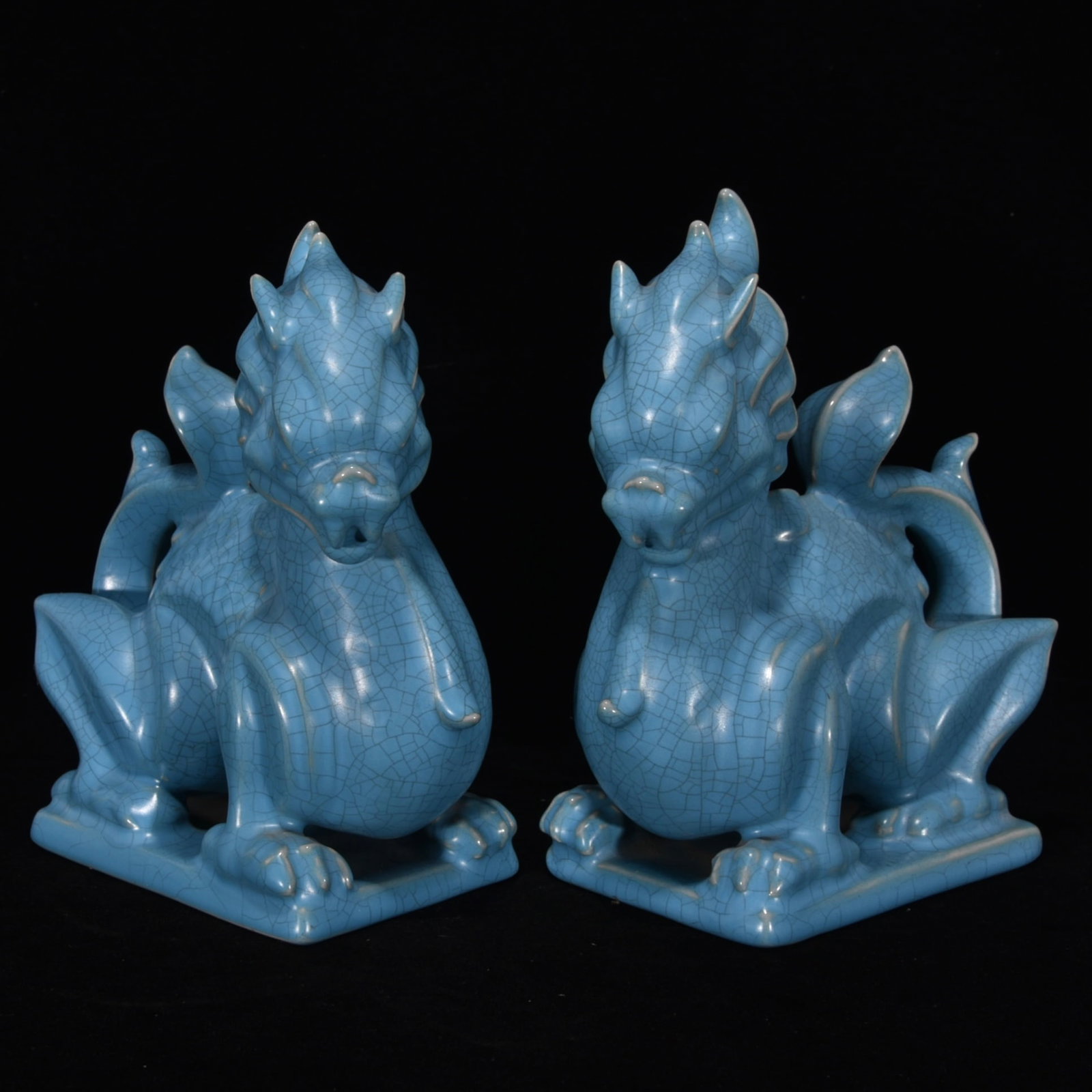 A Pair Ru Kiln Sky Blue Glaze Porcelain Kylin Statue (1 of 10)
