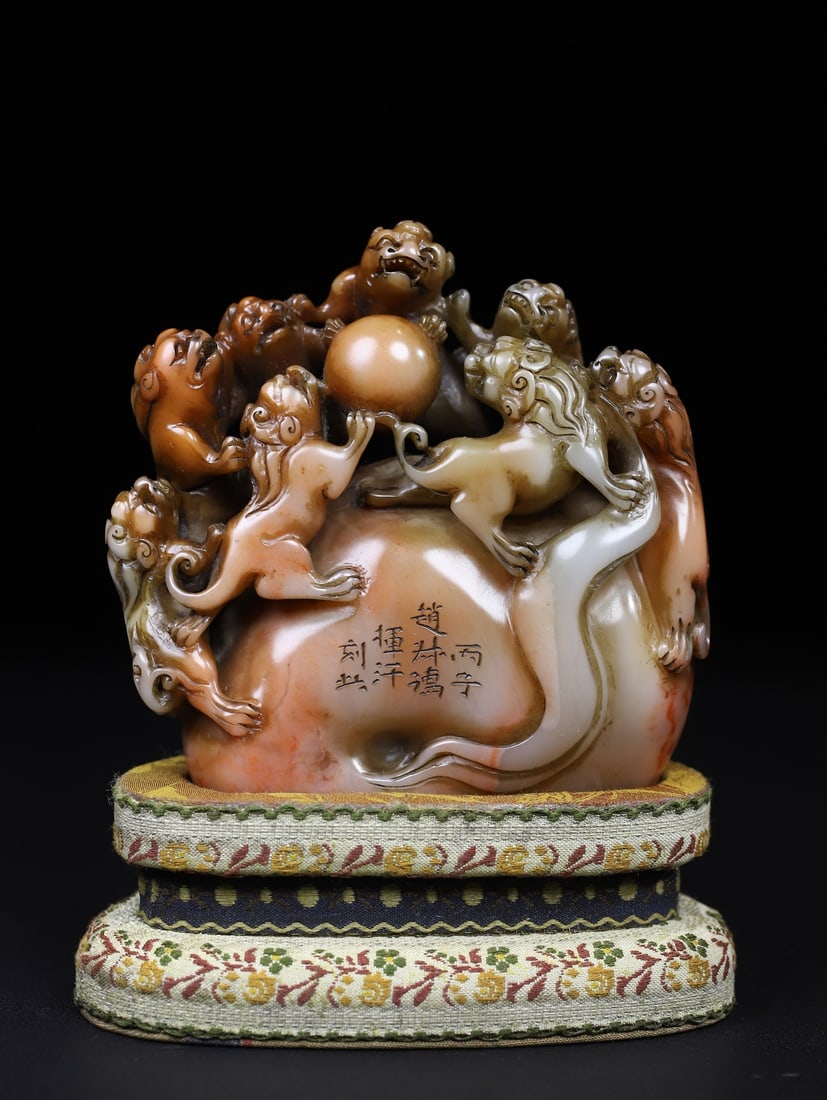 Vintage Shoushan Soapstone Hand-Carved Seal/Stamp Lions & Ball (1 of 10)
