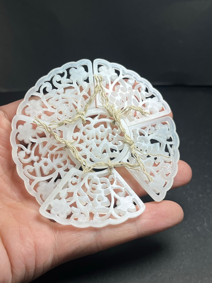 A Set Openwork White Hetian Jade Statue - 9