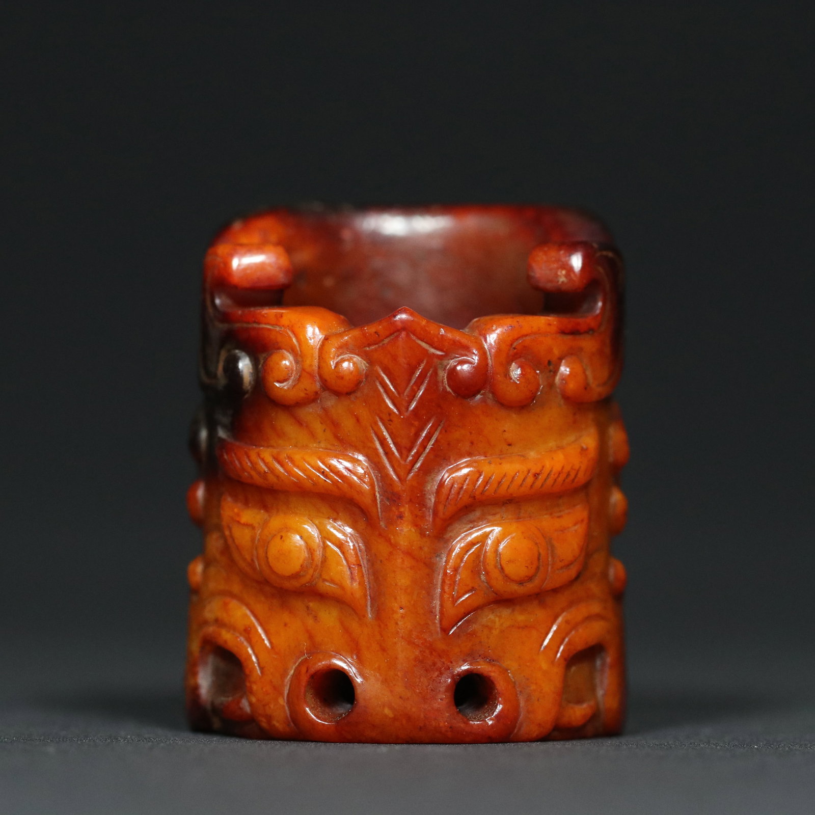 Inside Diameter 23mm Hetian Jade Beast Face Thumb Ring: Title: Inside Diameter 23mm Hetian Jade Beast Face Thumb Ring Origin: Chinese Date/Period: After1900 Materials: Hetian Jade Dimensions: 23x42x35(mm) 0.91x1.65x1.38(inches) Weight 0.11 lbs/48.9g Reserv