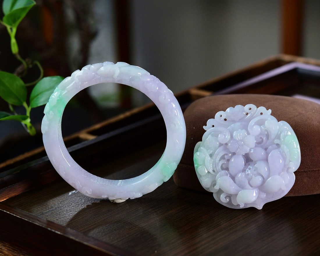 A Set Purple Green Jadeite Carved Flower Bracelet & Pendant (1 of 8)