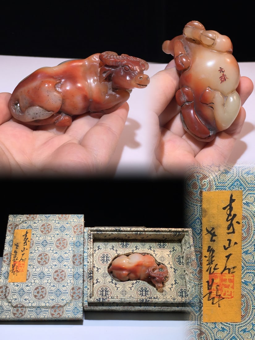 Shoushan Soapstone Hand-Carved Statue Ox w Box (1 of 9)