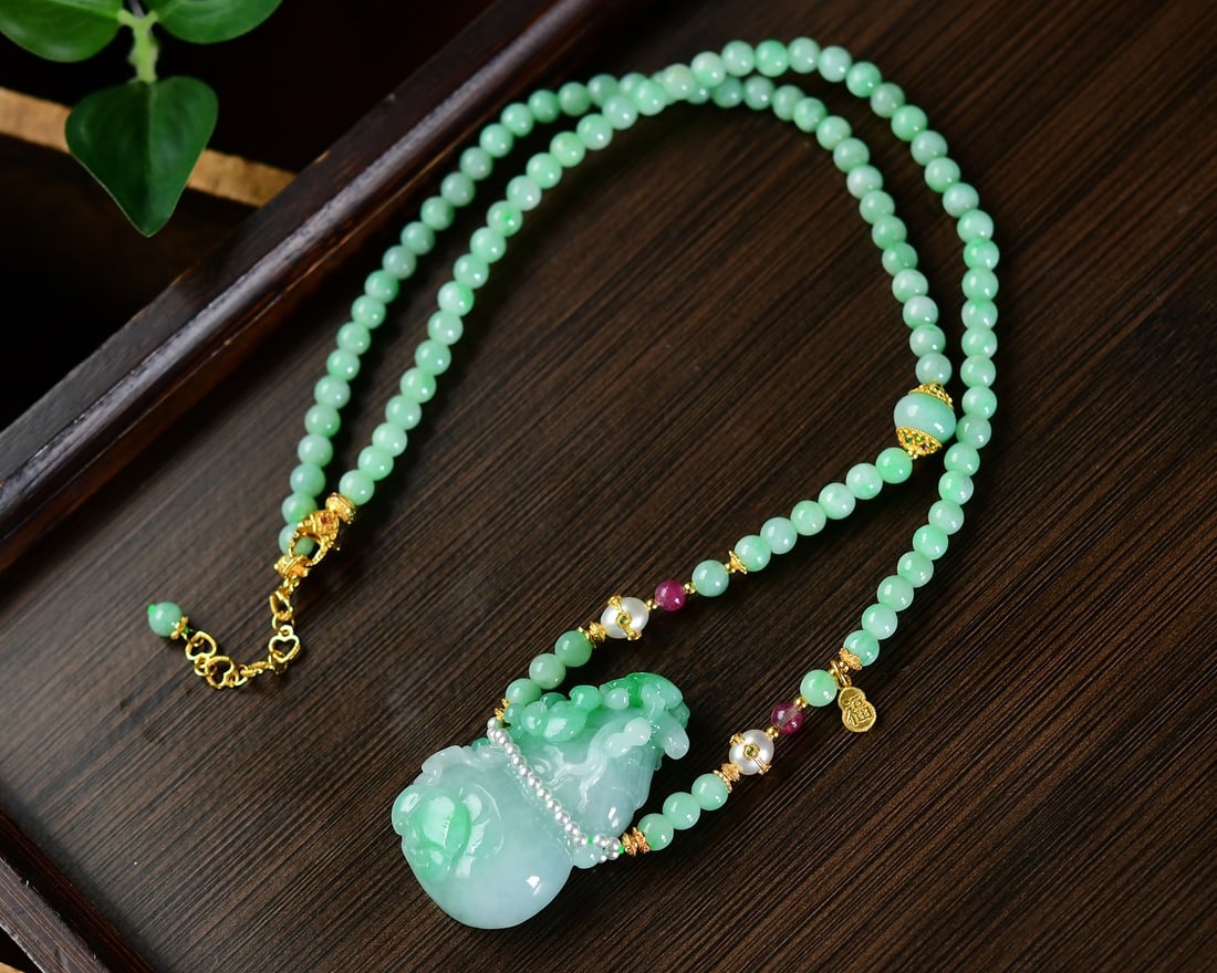 Natural Green Jadeite Carved Gourd Pendant with Necklace (1 of 6)