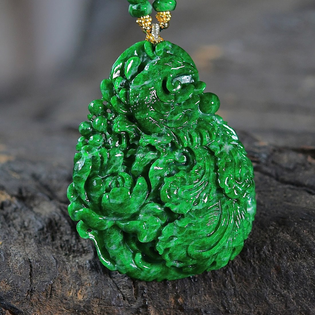 Natural Green Jadeite Carved Phoenix Peony Pendant with Certificate (1 of 6)