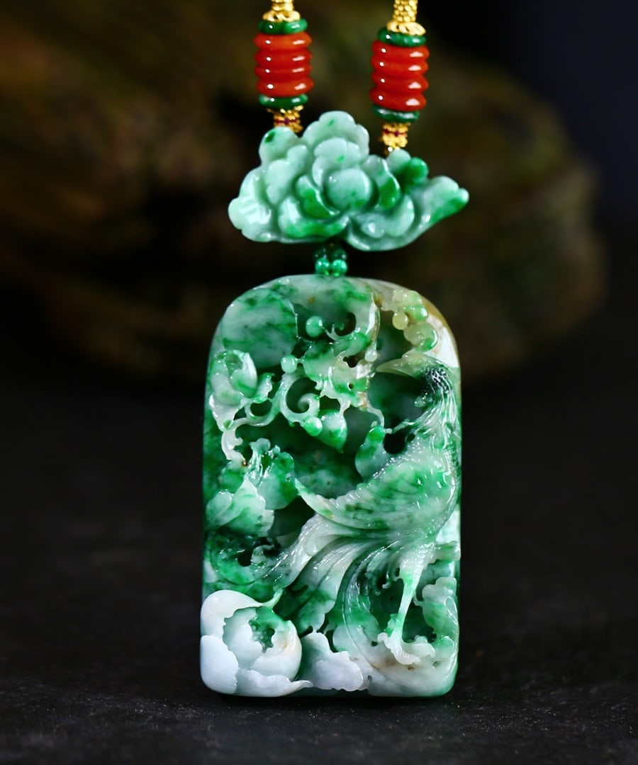 Green Jadeite Hand Carved Flower Bird Pendant (1 of 7)