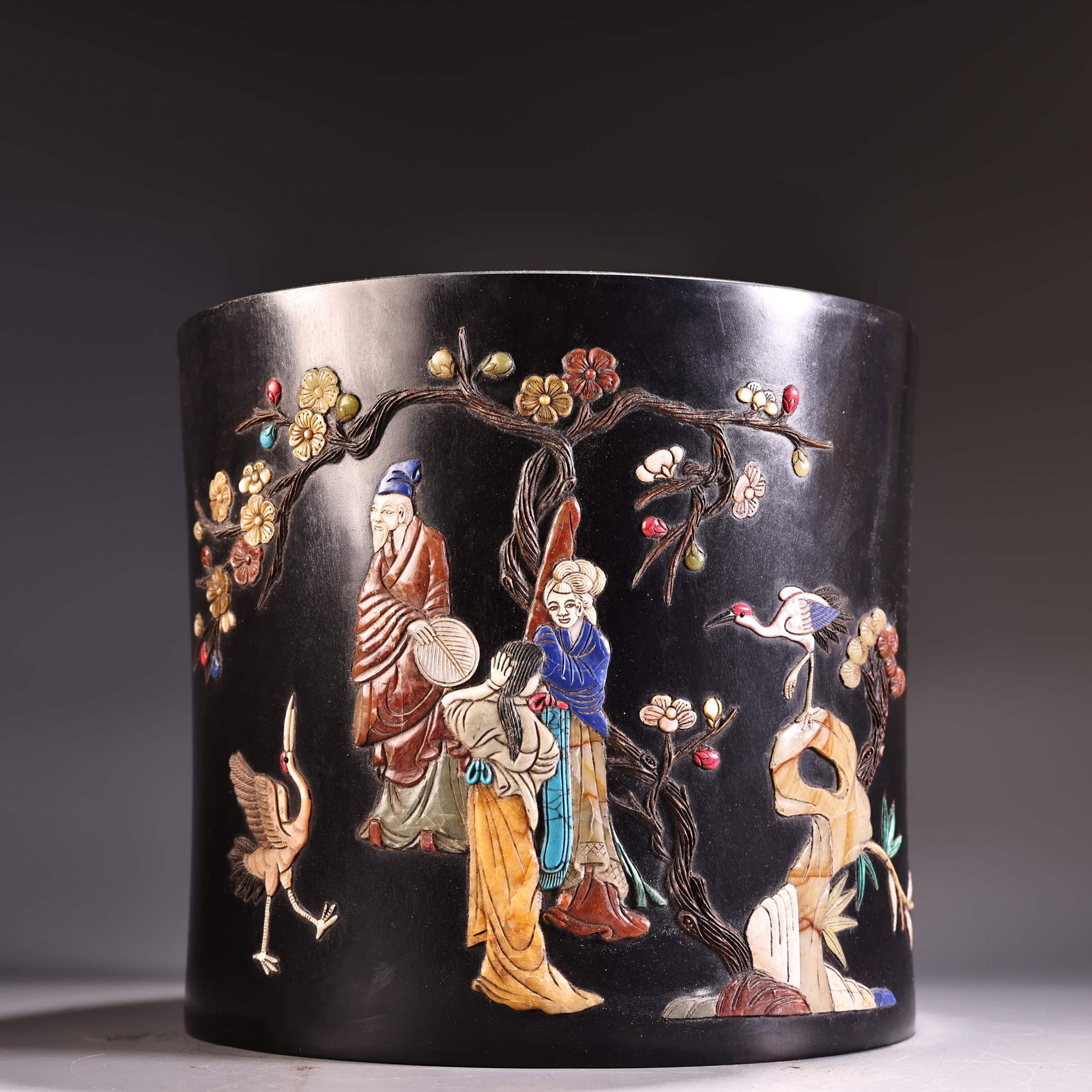 Old Zitan Wood Inlay Shell Shoushan Stone Lapis Lazuli Brush Pot (1 of 9)