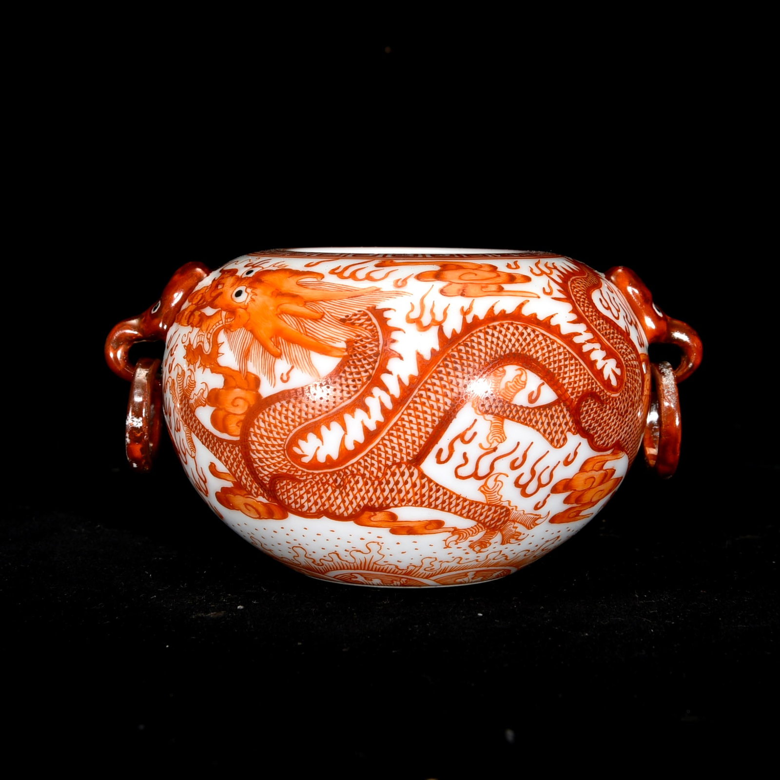 Iron Red Glaze Drogon Design Porcelain Brush Washer: Title: Iron Red Glaze Drogon Design Porcelain Brush Washer Origin: Chinese Date/Period: After1910 Materials: Porcelain Dimensions: 130x70(mm) 5.12x2.76(inches) Reserve: $399.00 Shipping: Domestic: