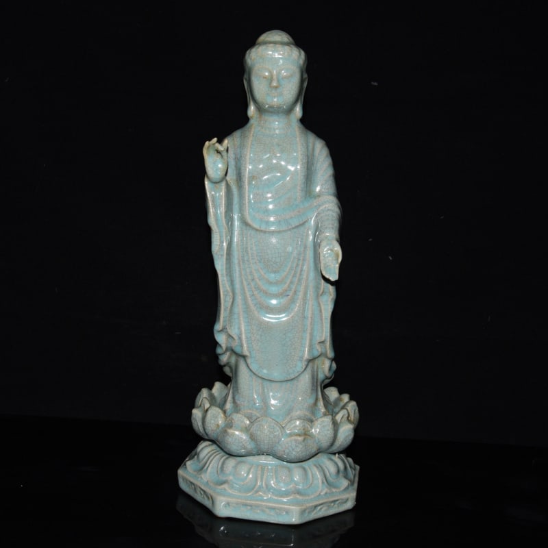Old Longquan Kiln Porcelain Buddha Statue: Title: Old Longquan Kiln Porcelain Buddha Statue Origin: Chinese Date/Period: After1910 Materials: Porcelain Dimensions: 400x140(mm) 15.75x5.51(inches) Reserve: $700.00 Shipping: Domestic: Shipping