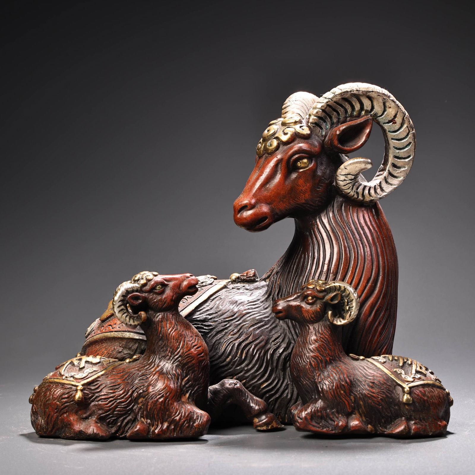 Vintage Red Copper Three Sheep Statue - 11