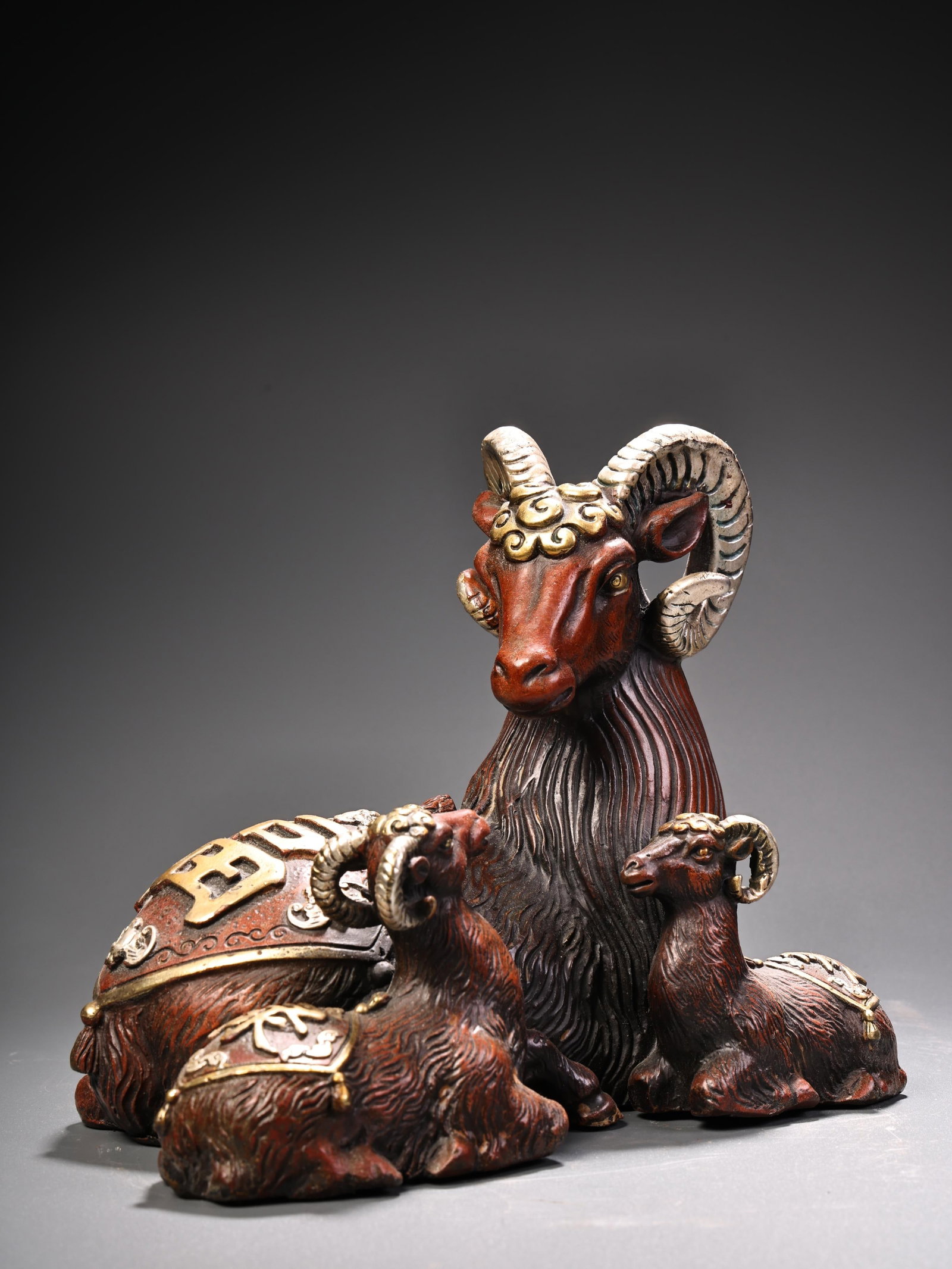 Vintage Red Copper Three Sheep Statue - 2