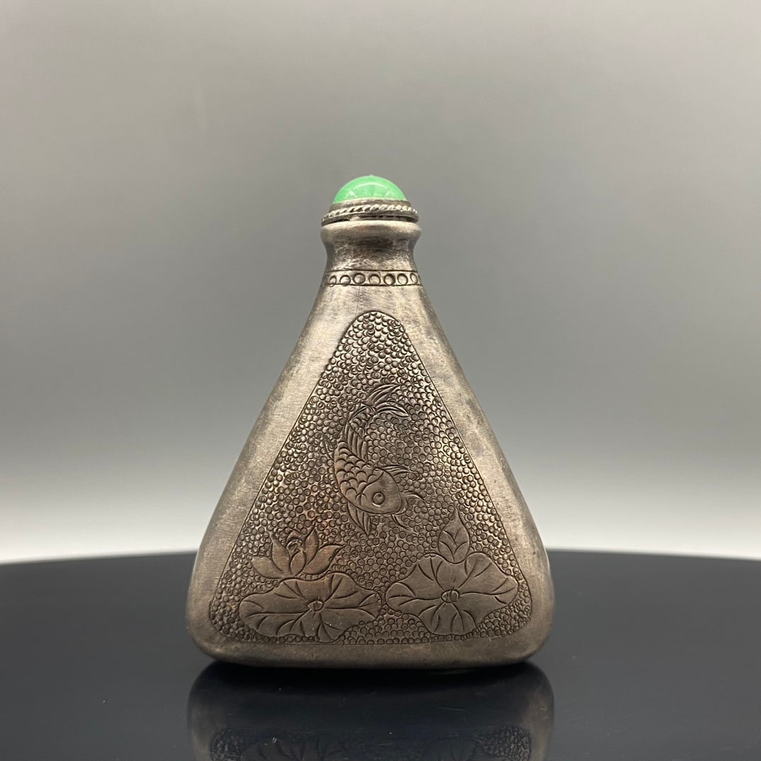 Old Pure Silver Carved Fish Lotus Leaf Snuff Bottle (1 of 9)