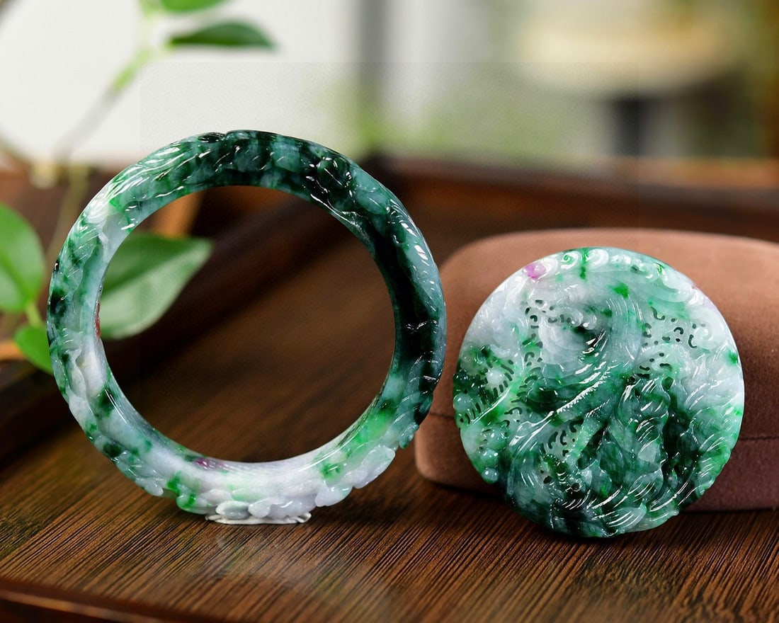A Set Jadeite Carved Phoenix Pendant & Bracelet Bangle with Certificate (1 of 8)