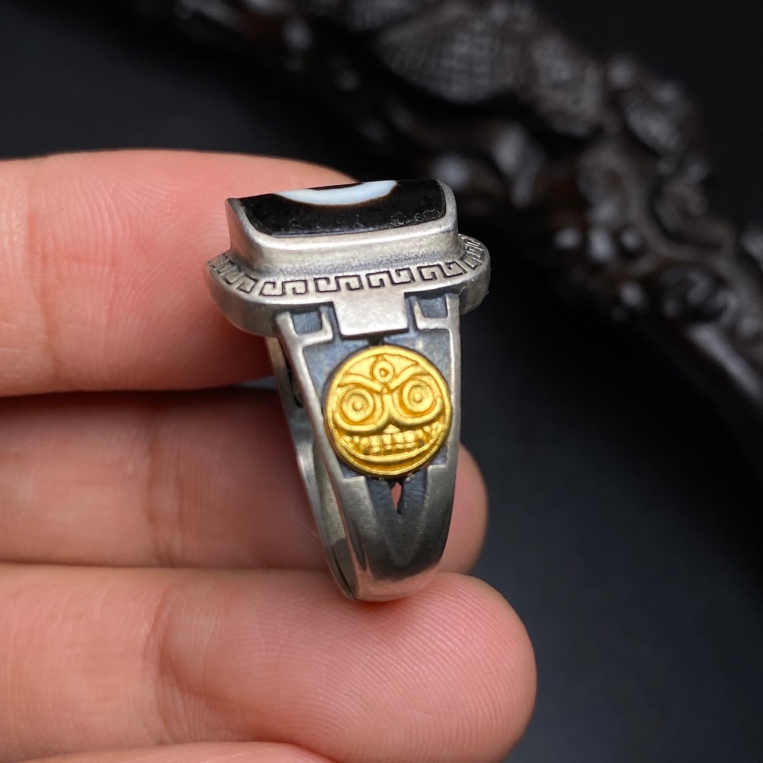 Silver Inlay DZI Agate Ring(Adjustable size) - 3