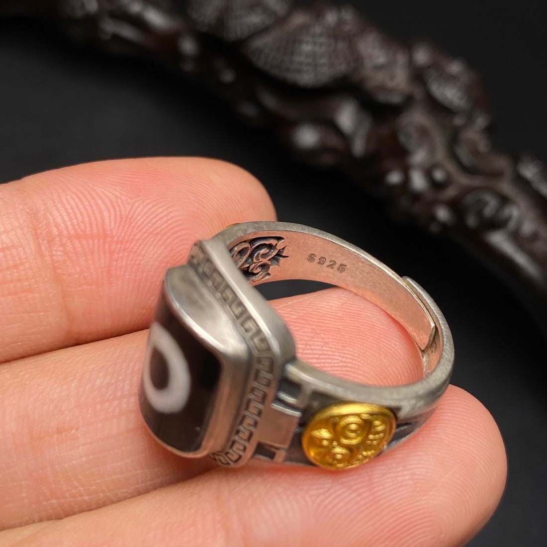 Silver Inlay DZI Agate Ring(Adjustable size) - 4